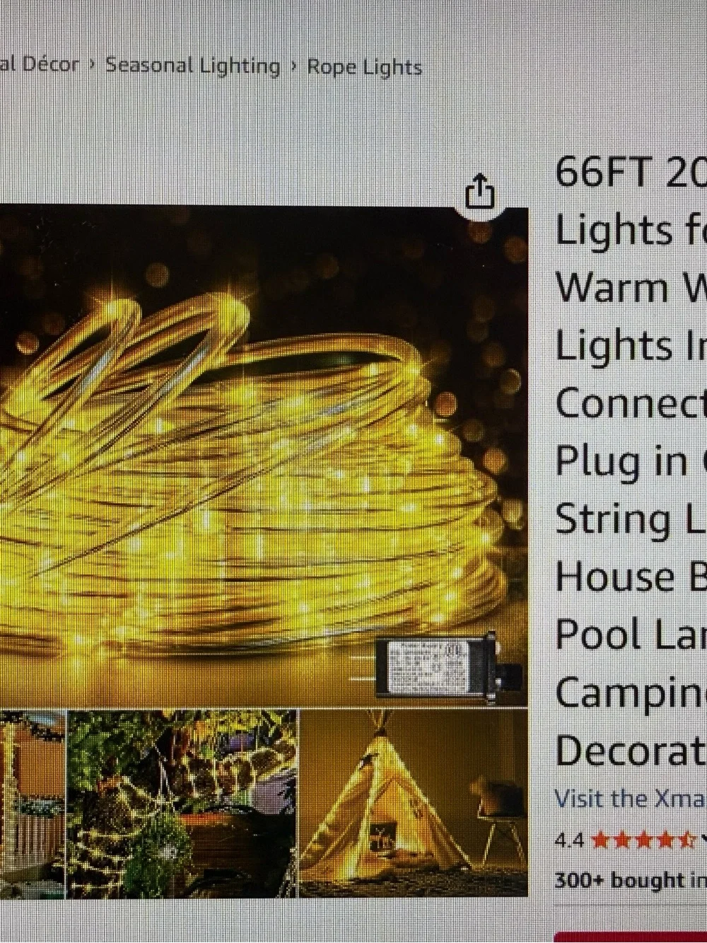 66FT 200 LED Warm White Rope Lights – Decorative Holiday String Lighting